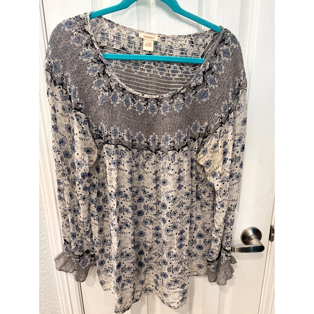 Sundance Blouse Blue White 100% Silk Smocked Floral Boho Peasant Top L